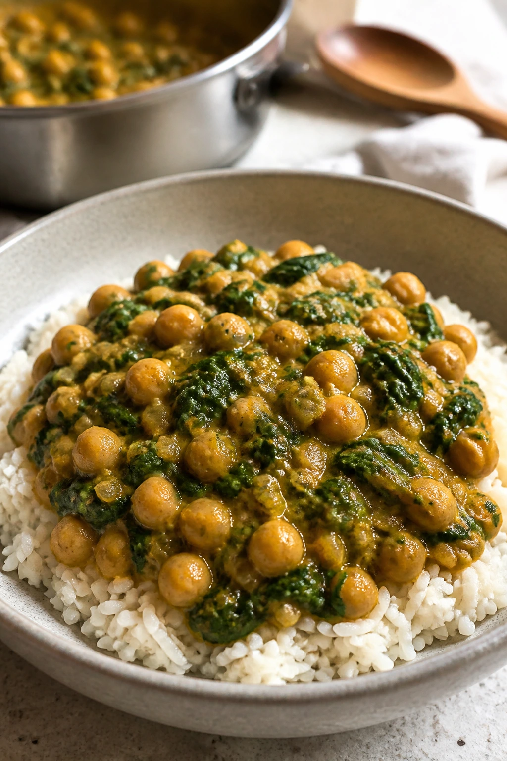 Creamy chickpea spinach curry with rice in a bowl