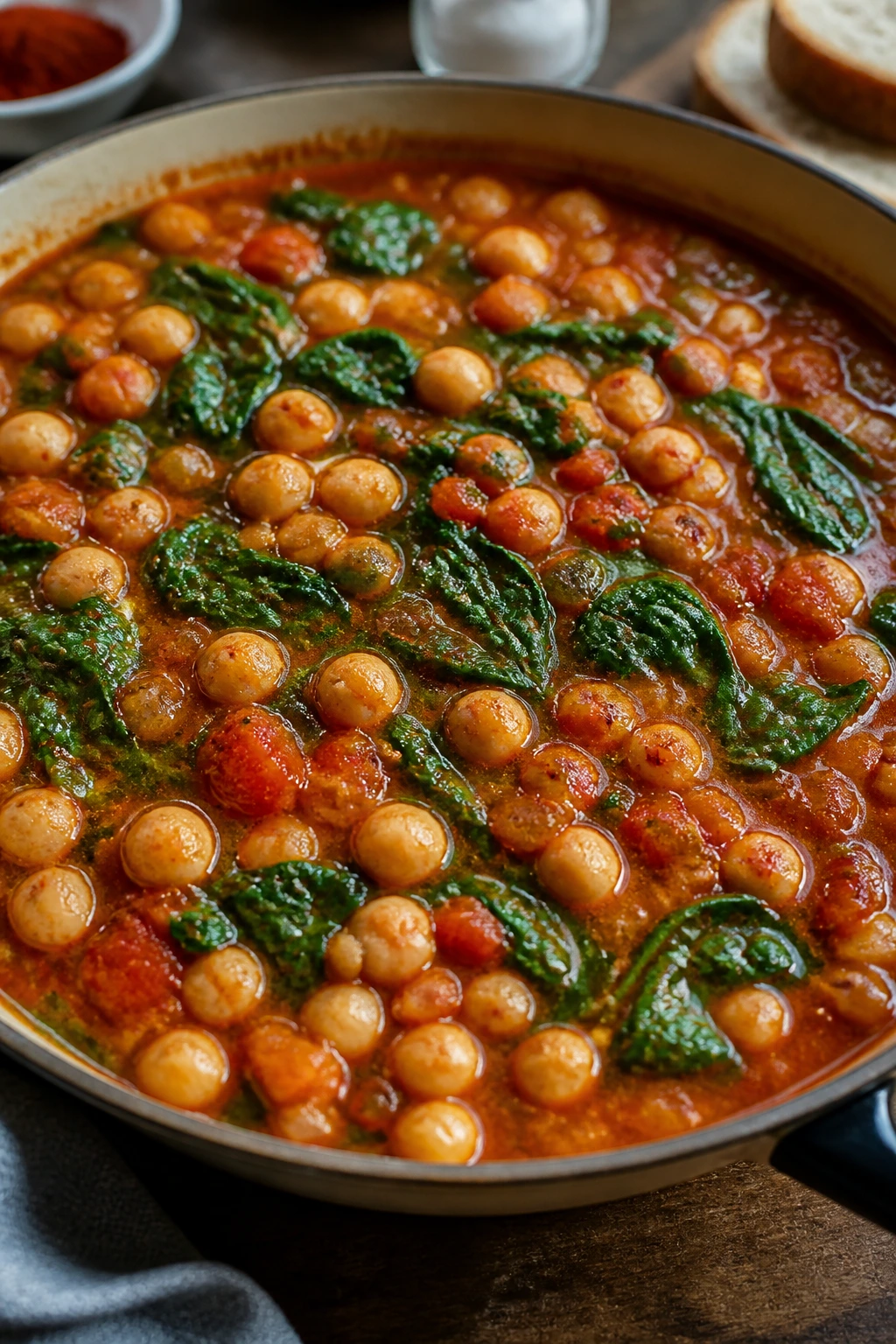 Chickpeas and spinach stew in a tomato paprika broth.