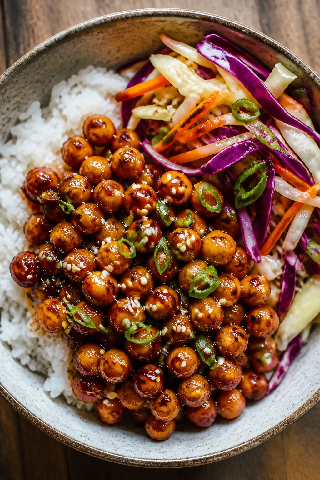 Chickpeas and rice bowl with teriyaki glaze