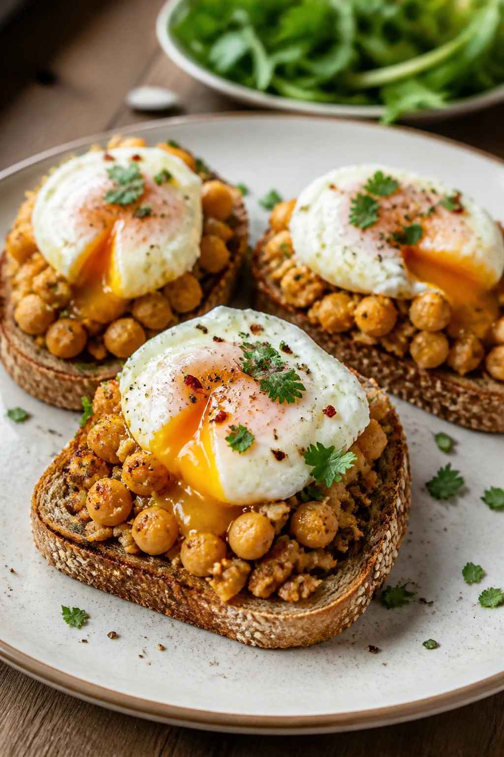 Plate of smoky chickpea toasts with soft eggs on a wooden table
