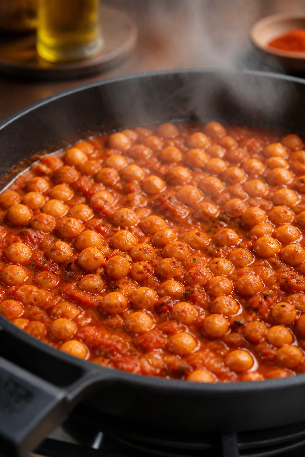 Close-up of smoky chickpea tomato skillet with chickpeas in rich sauce.
