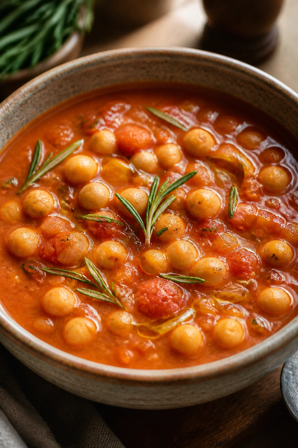 Close-up of Chickpea Tomato Soup with Rosemary in a bowl with rosemary on top