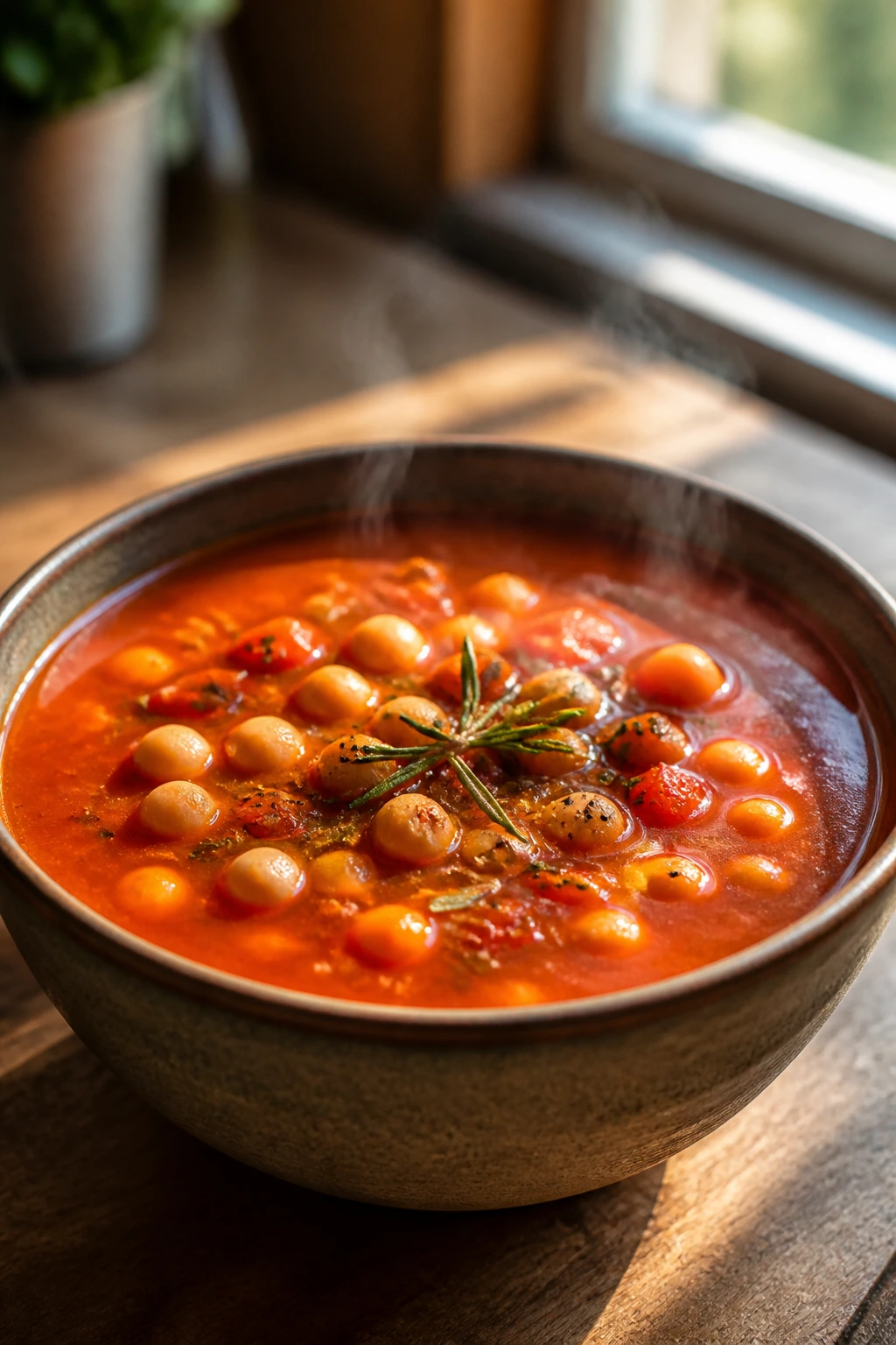 Chickpea Tomato Soup in a bowl on a sunlit wooden counter