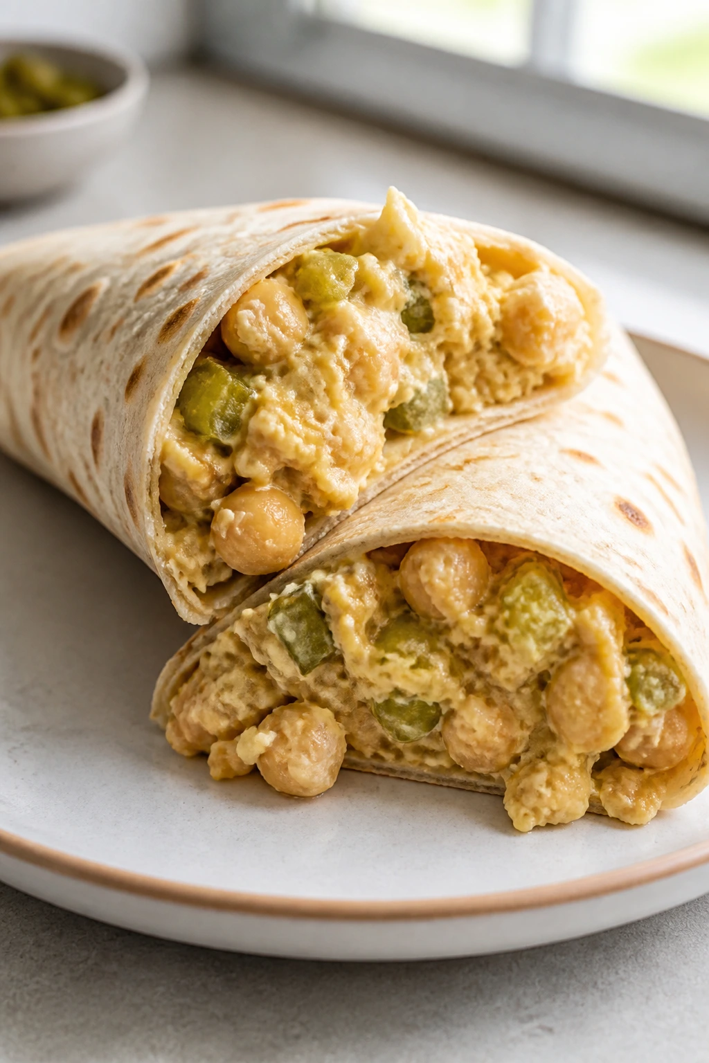 Chickpea smash wrap with creamy filling visible in tortilla