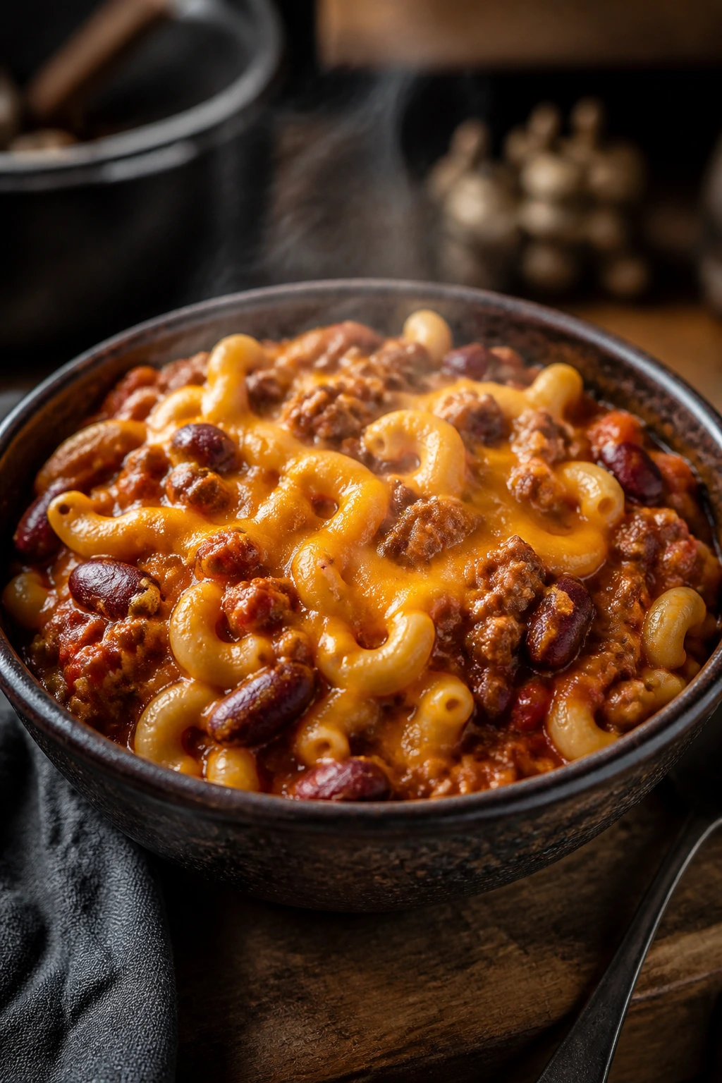Close-up of chili mac in a bowl