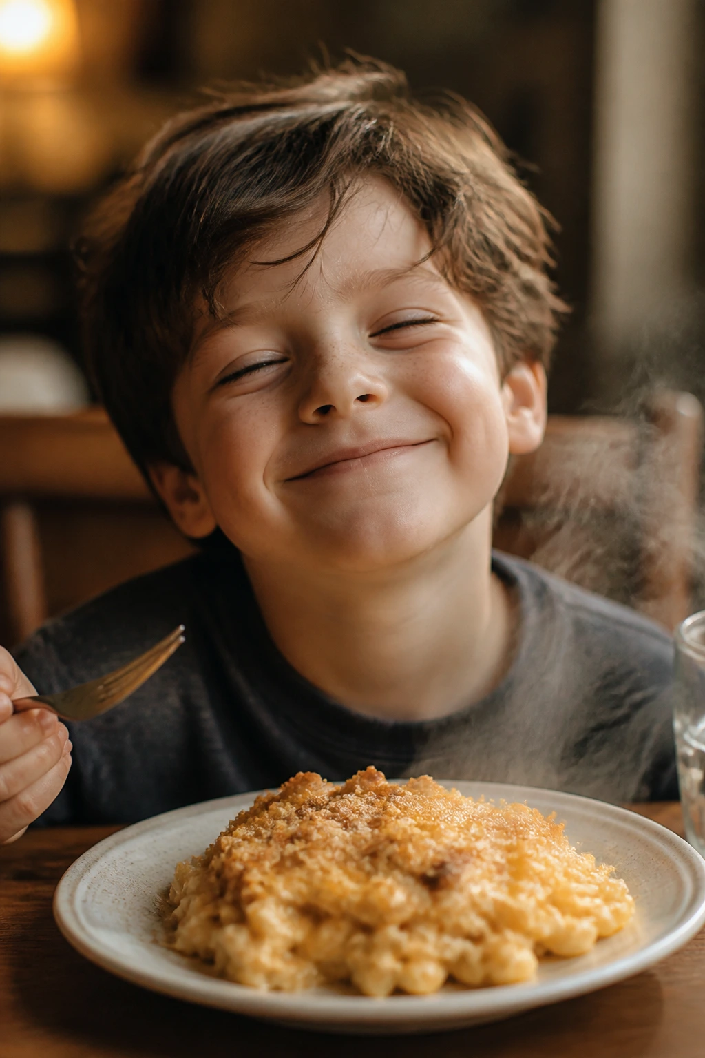 Smiling child enjoying a cheesy bake at dinner