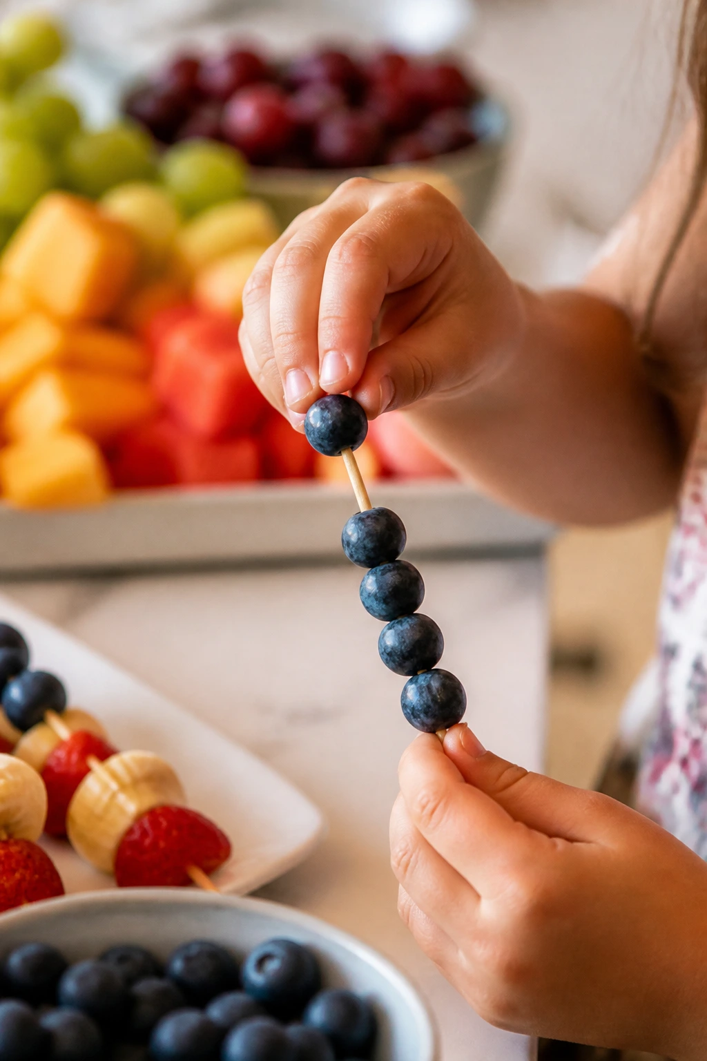 Child's hands threading blueberries onto a skewer in a bright kitchen