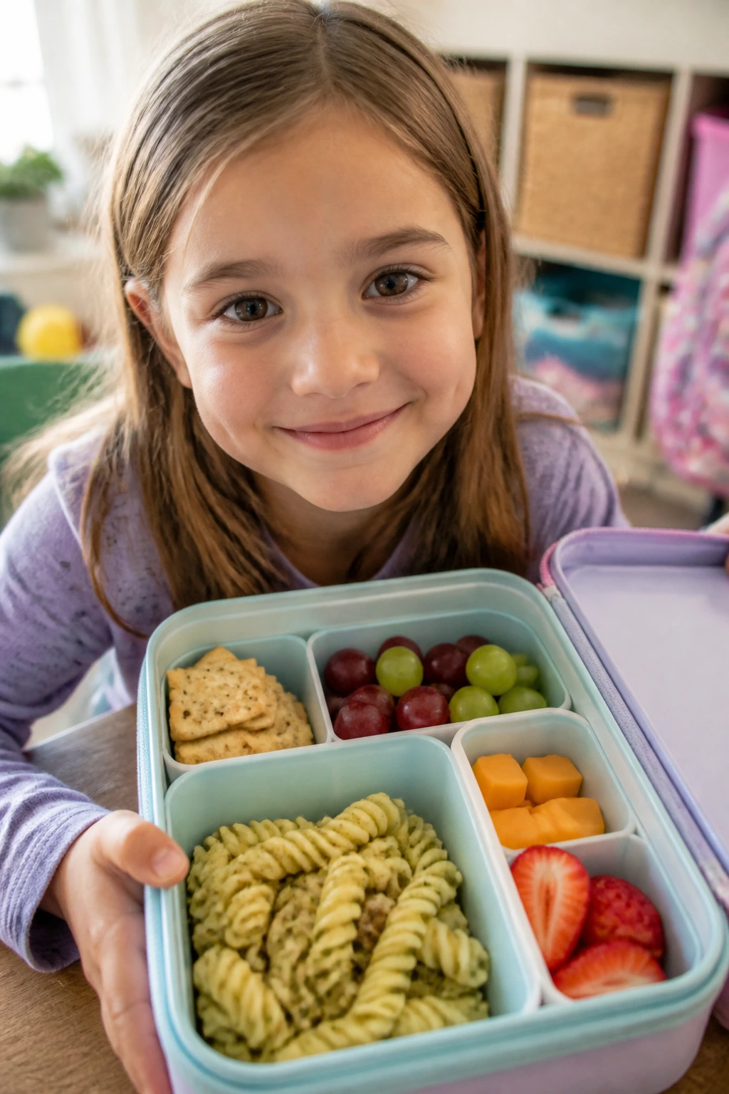 Child enjoying a packed lunch with familiar foods visible in a lunchbox