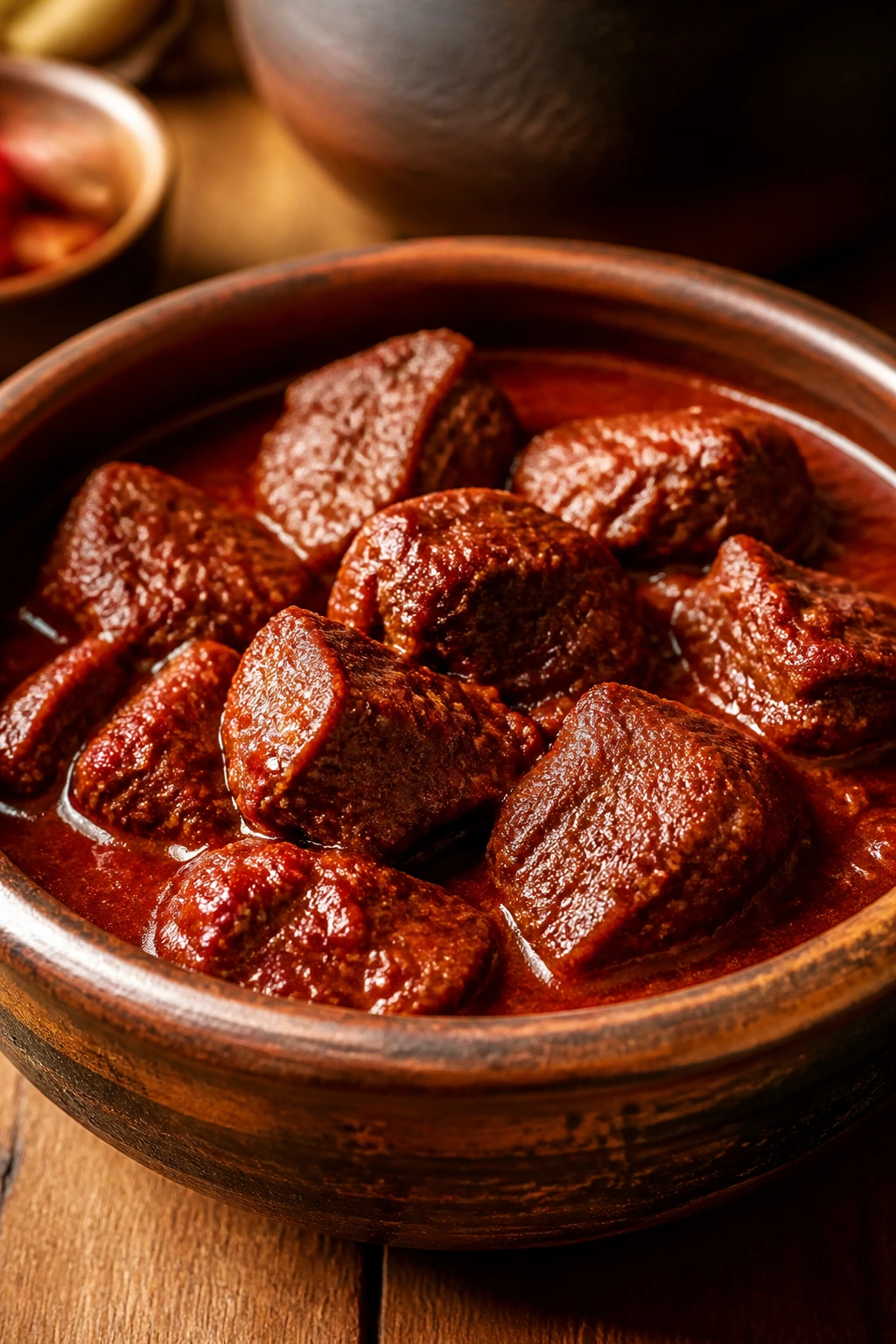 Close-up of beef in red chile sauce served in a rustic bowl