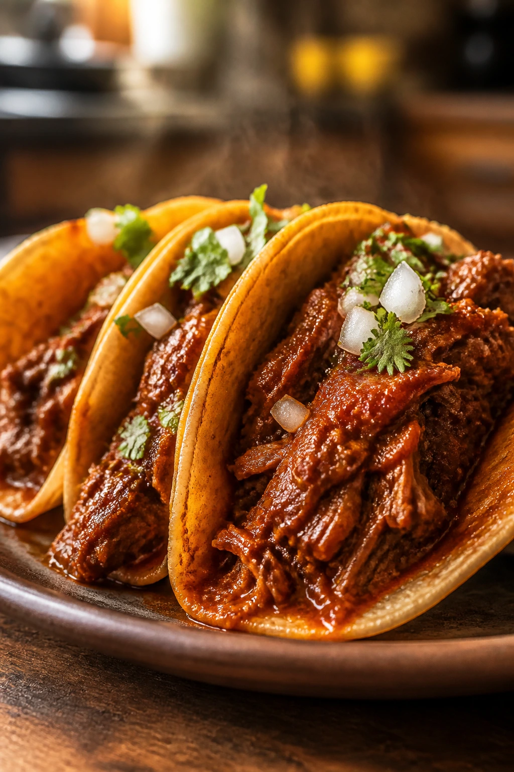 Shredded beef in red chile sauce taco on a plate