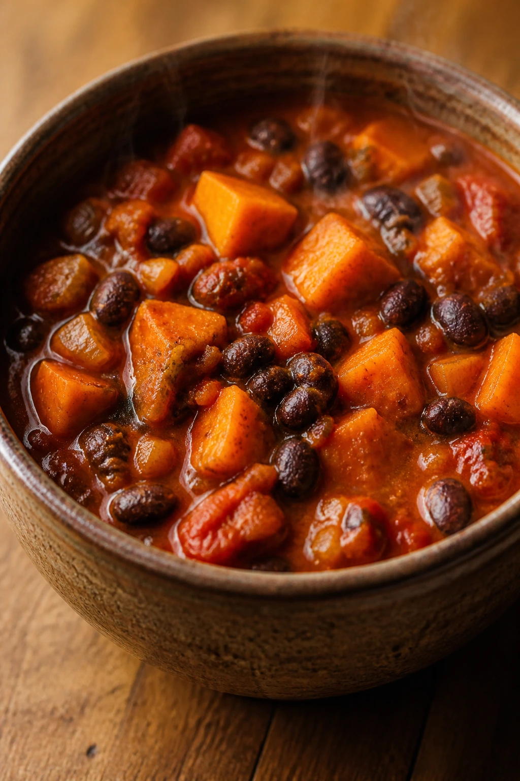 Close-up of hearty sweet potato and black bean chili in a rustic bowl
