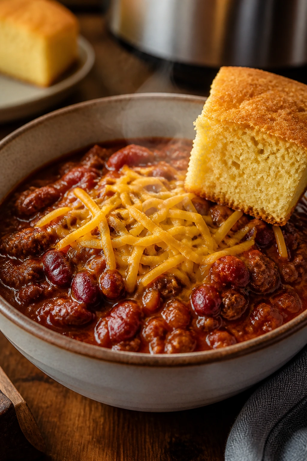 Steaming bowl of chili with cornbread wedge on the rim