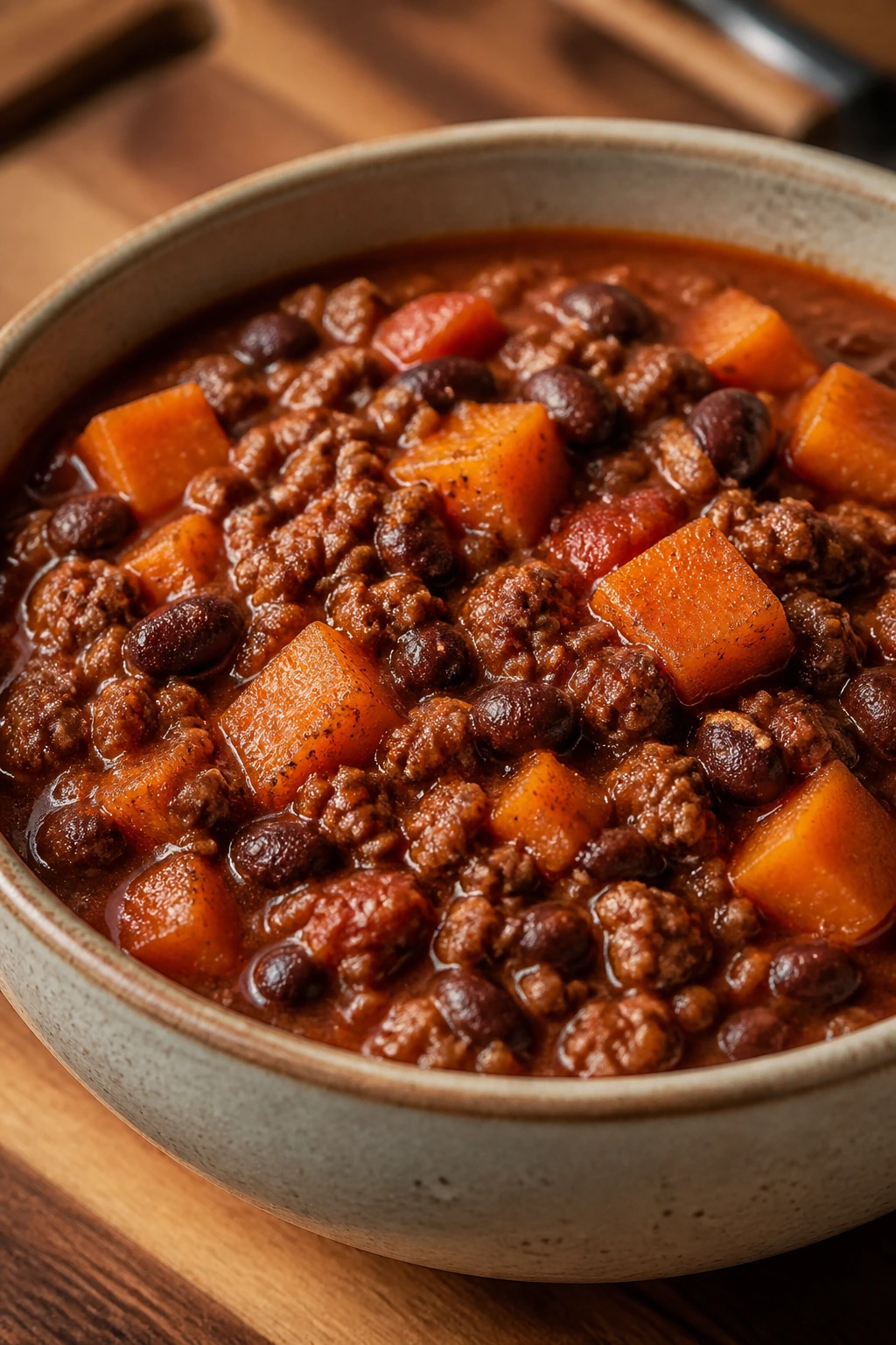 Close-up of smoky beef chili with black beans and sweet potato in a bowl
