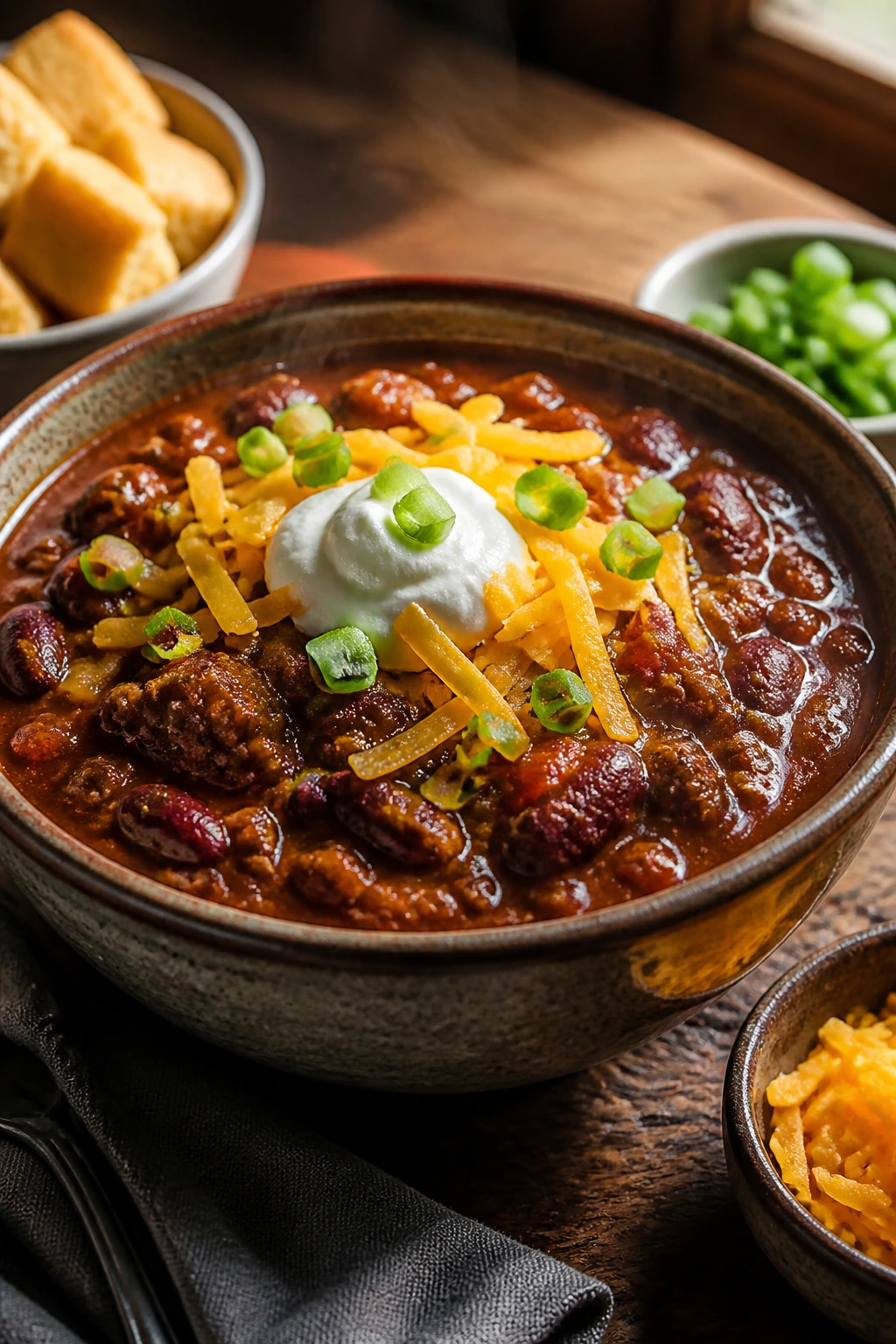 Steaming chili bowl with cheddar, sour cream, and scallions on a rustic table