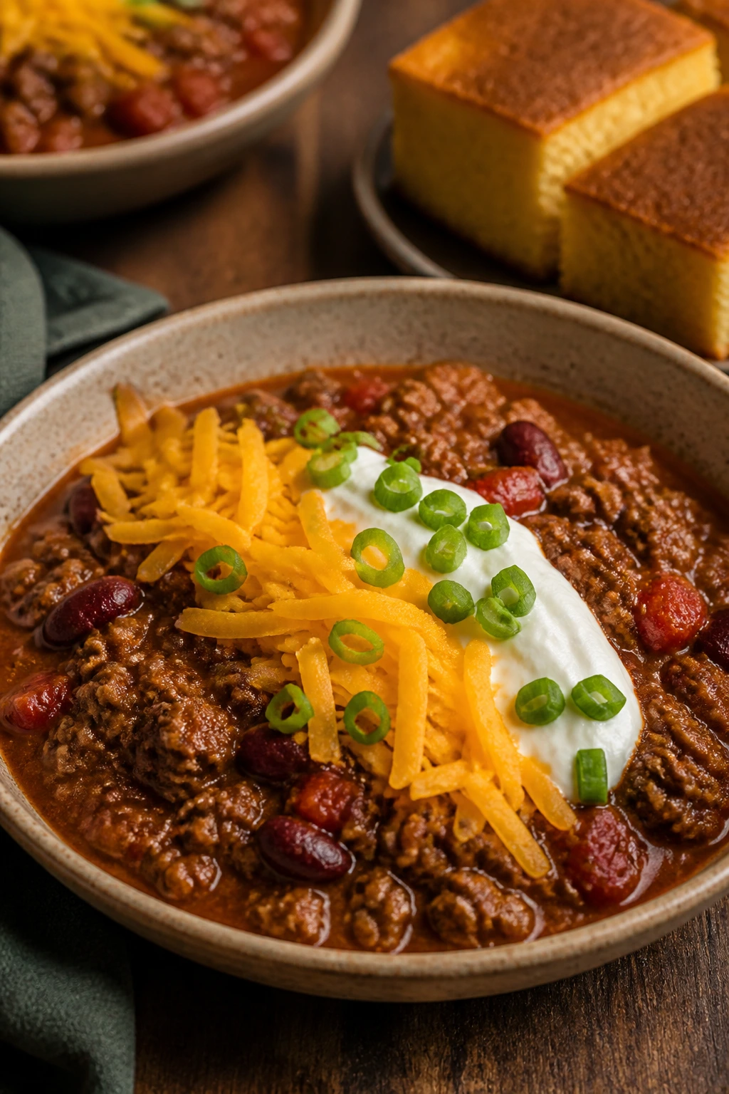 Chili bowl topped with sour cream and cheese on a wooden table