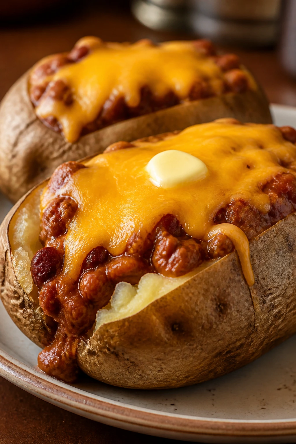 Baked potato topped with chili and cheddar cheese on a plate