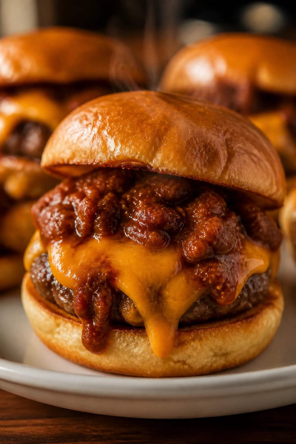 Close-up of chili-cheese slider on plate