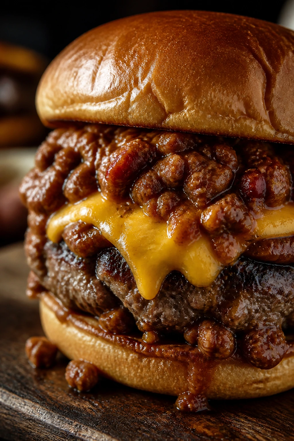 Close-up chili cheese burger with thick chili and melted cheddar on a toasted bun