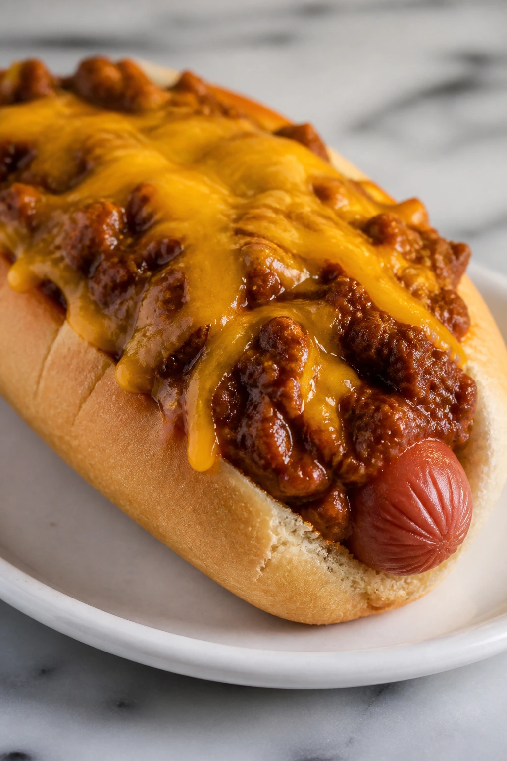 Chili cheese dog on plate with chili and melted cheese