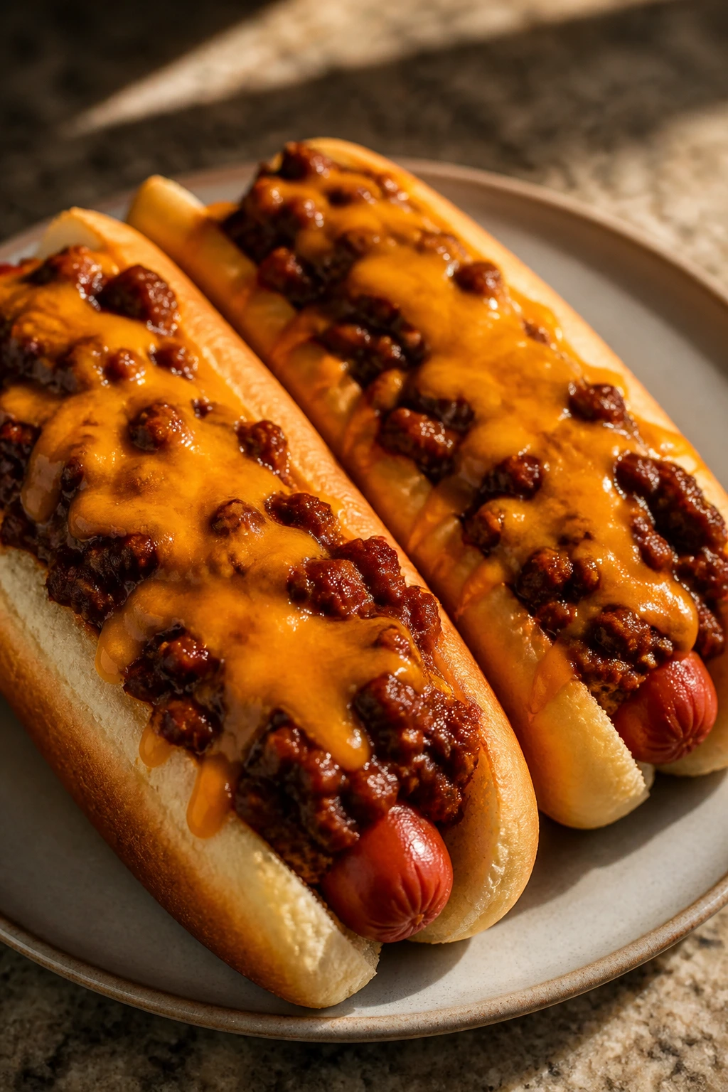 Close-up of chili cheese dogs on a plate with thick chili and melted cheese in a cozy kitchen