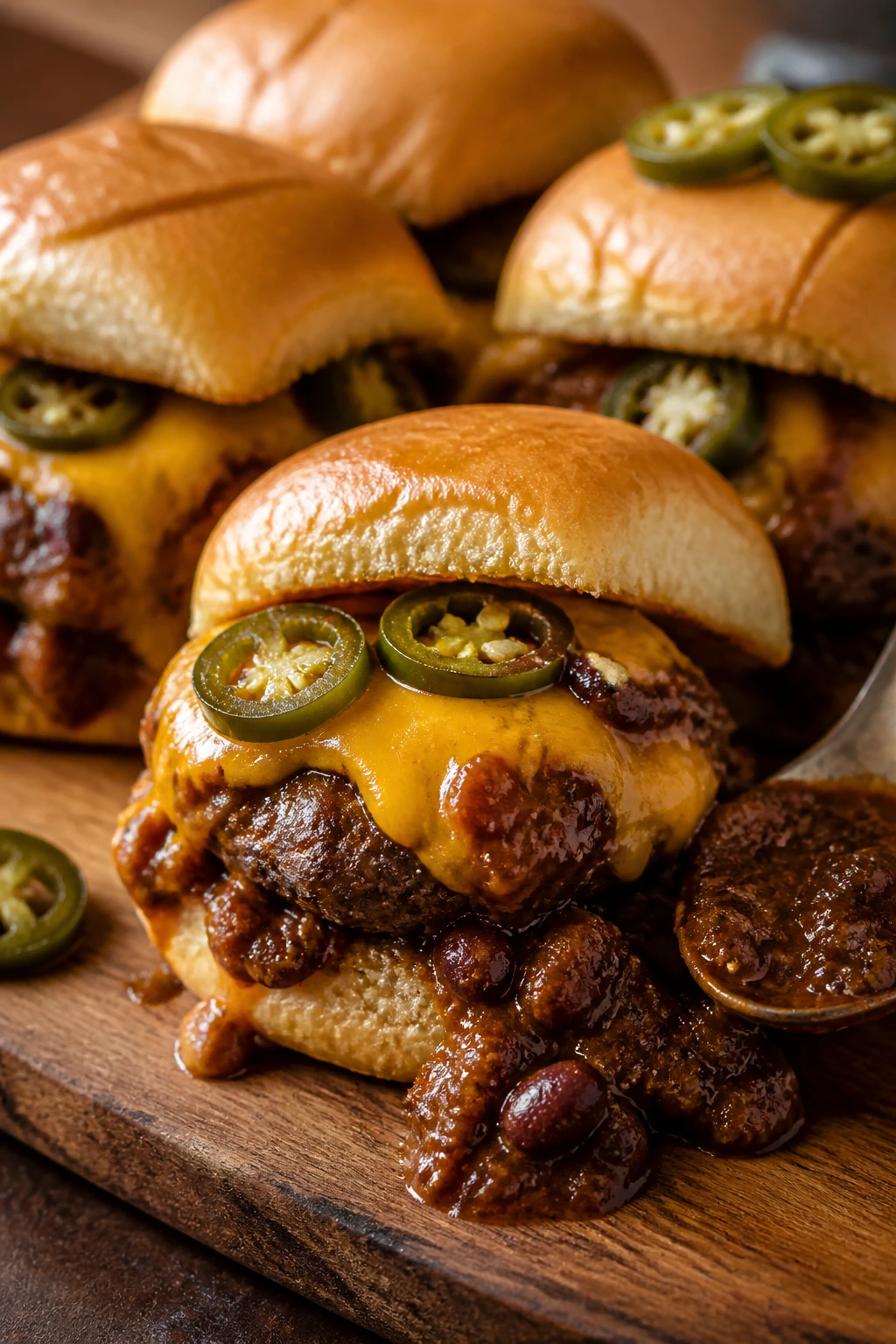 Chili cheese jalapeño meatball slider with cheddar and jalapeños