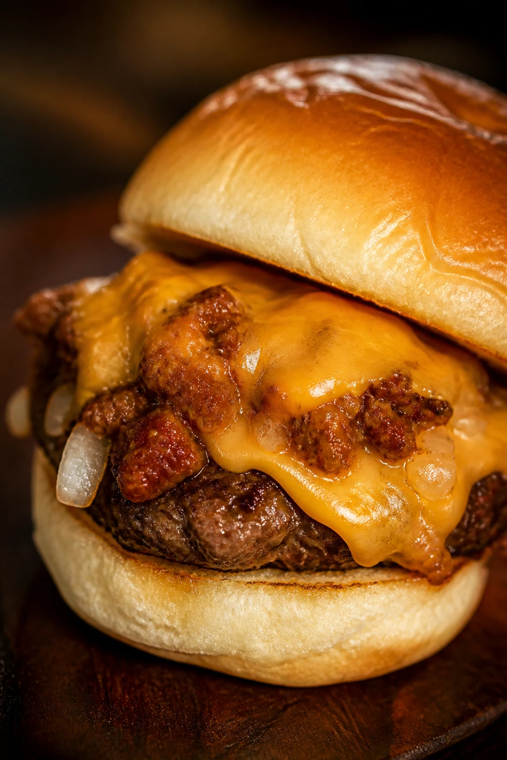 Chili cheese mini burger with beef patty, chili topping and cheddar