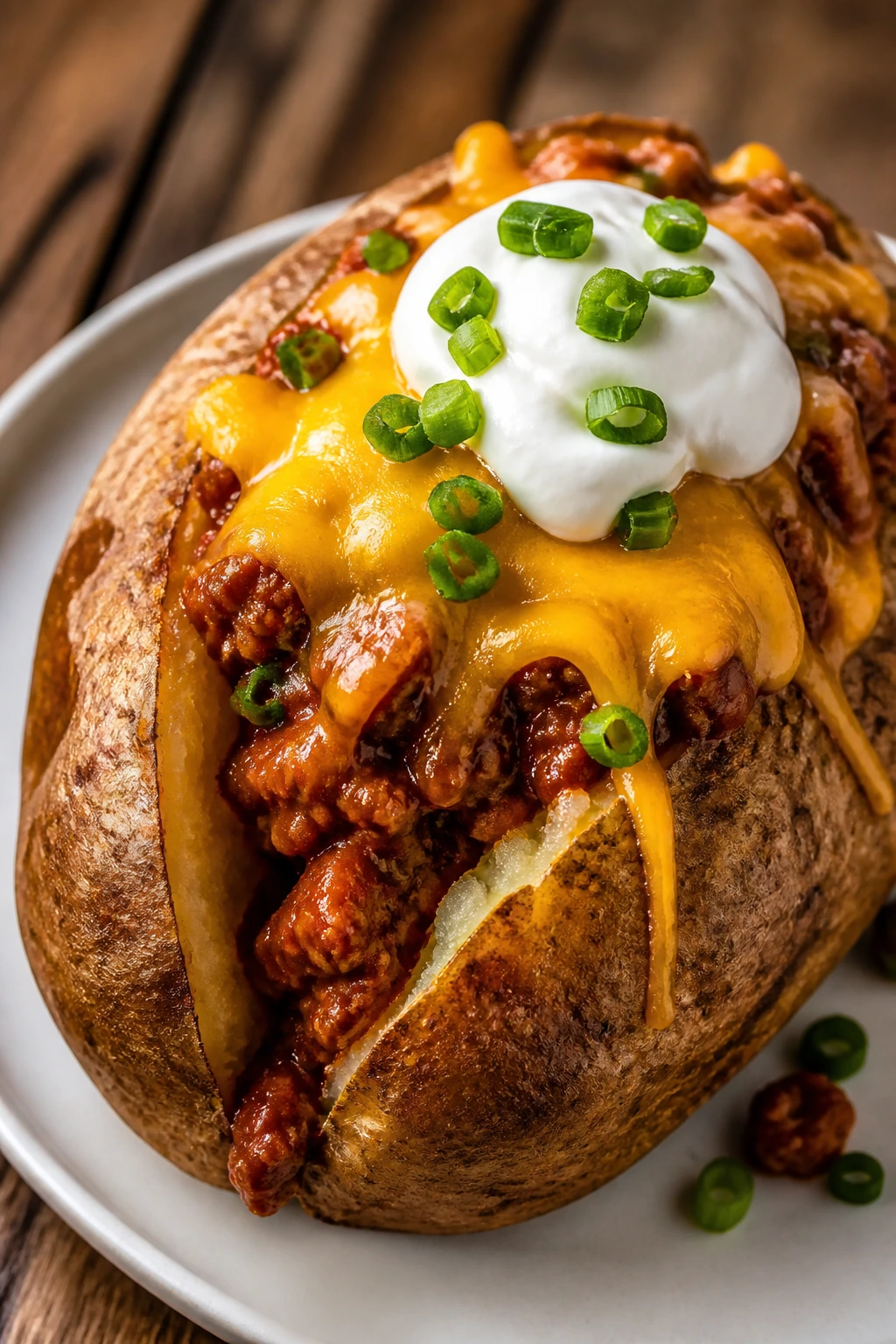 Russet potato open with chili and cheese on a white plate