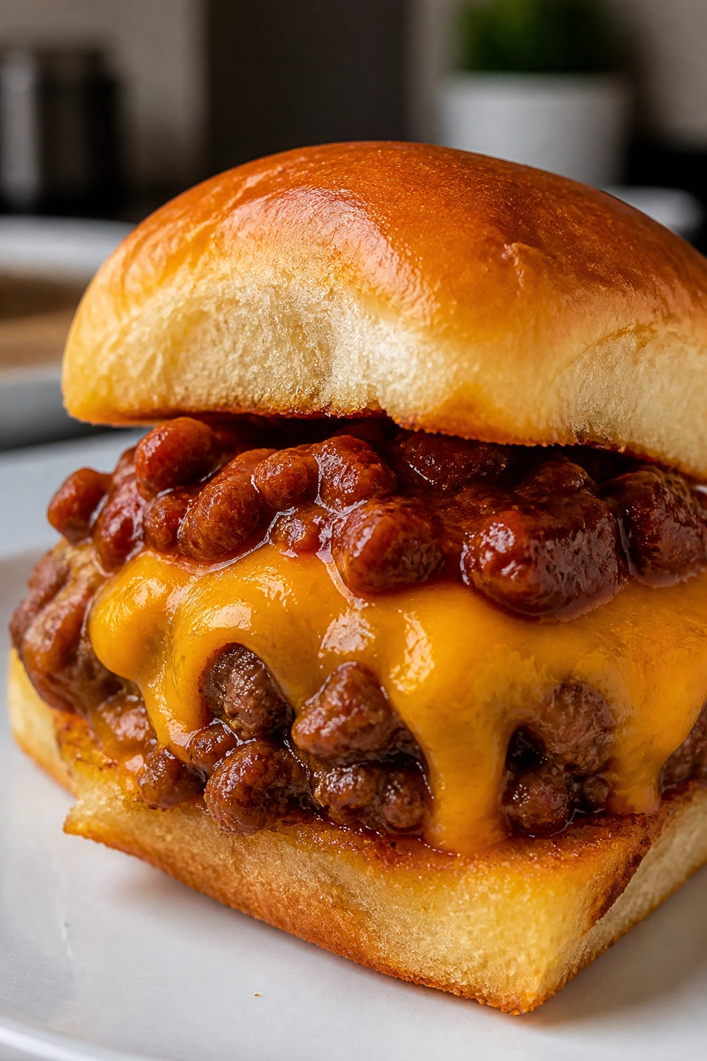 Close-up of a Chili Cheese Slider with cheddar and chili layer