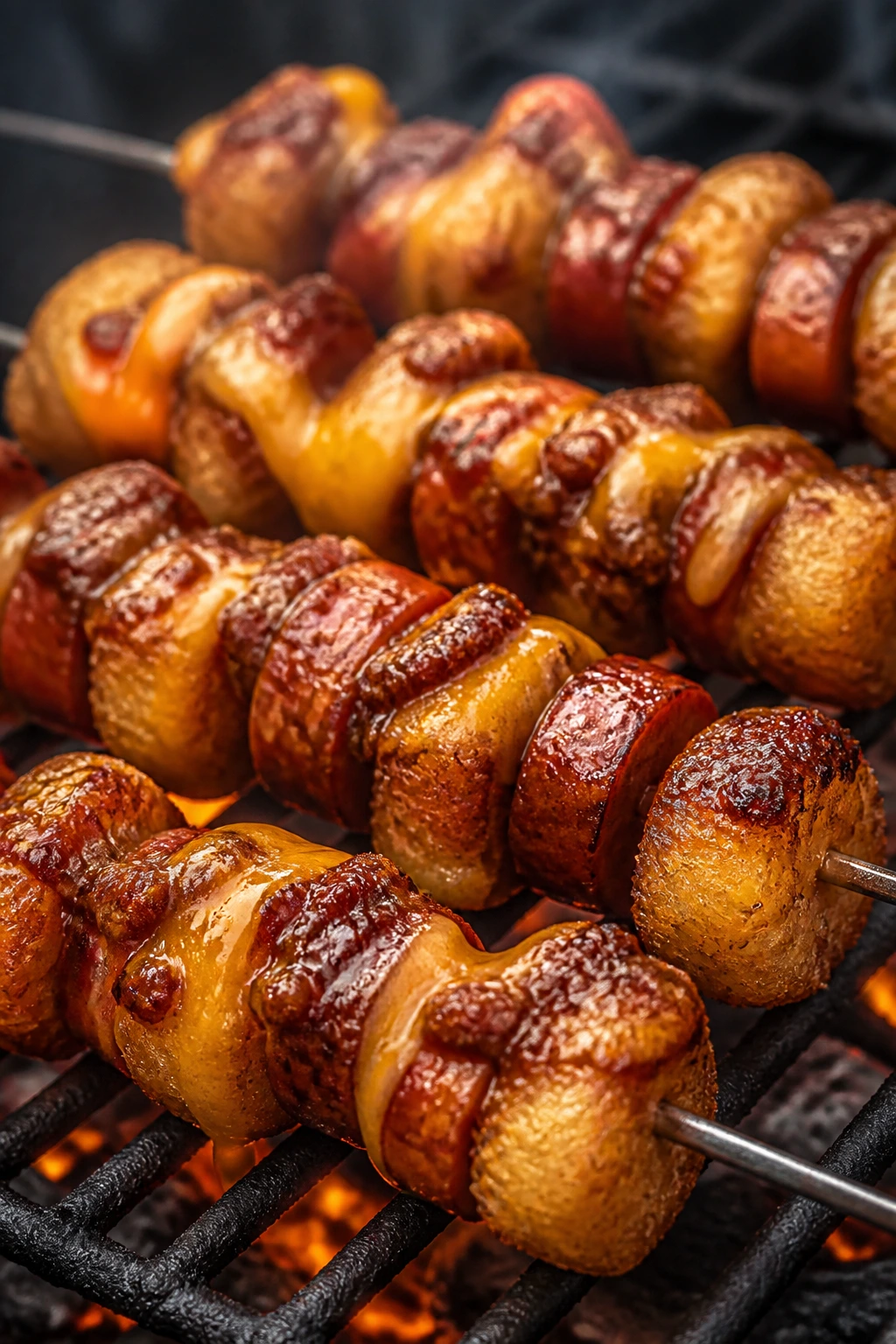 Close-up of chili cheese tater tot skewers on a grill