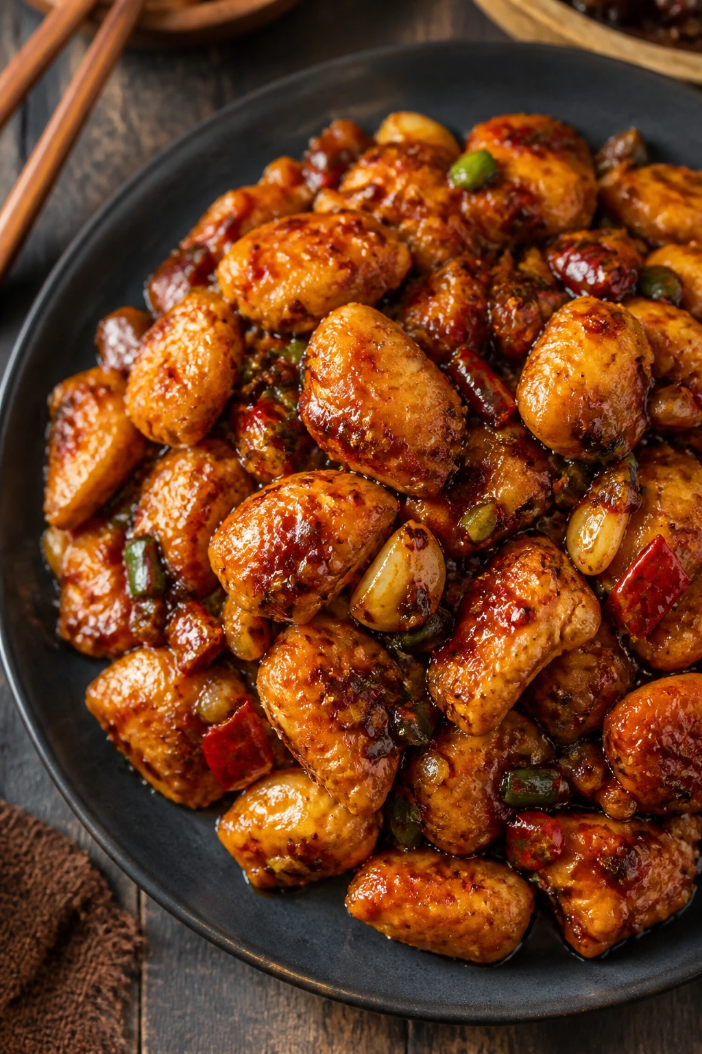Close-up of chili chicken with glossy glaze and peppers