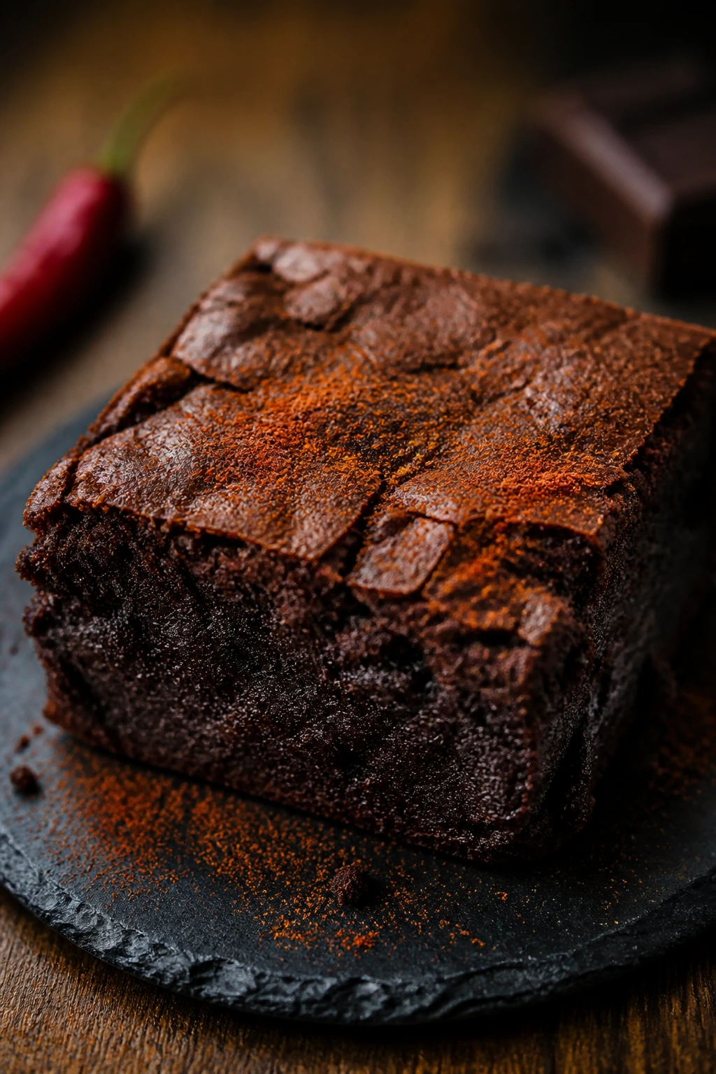 Close-up of chili chocolate brownie with chili powder dusting