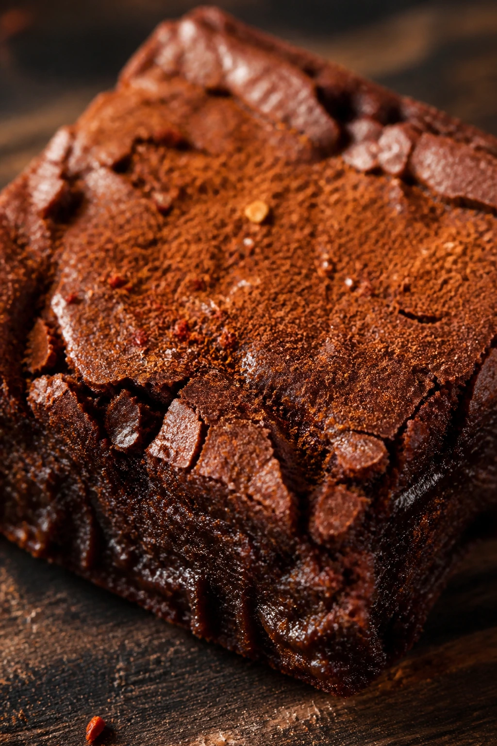 Brownie with cinnamon dust and chili hints on top in a warm kitchen