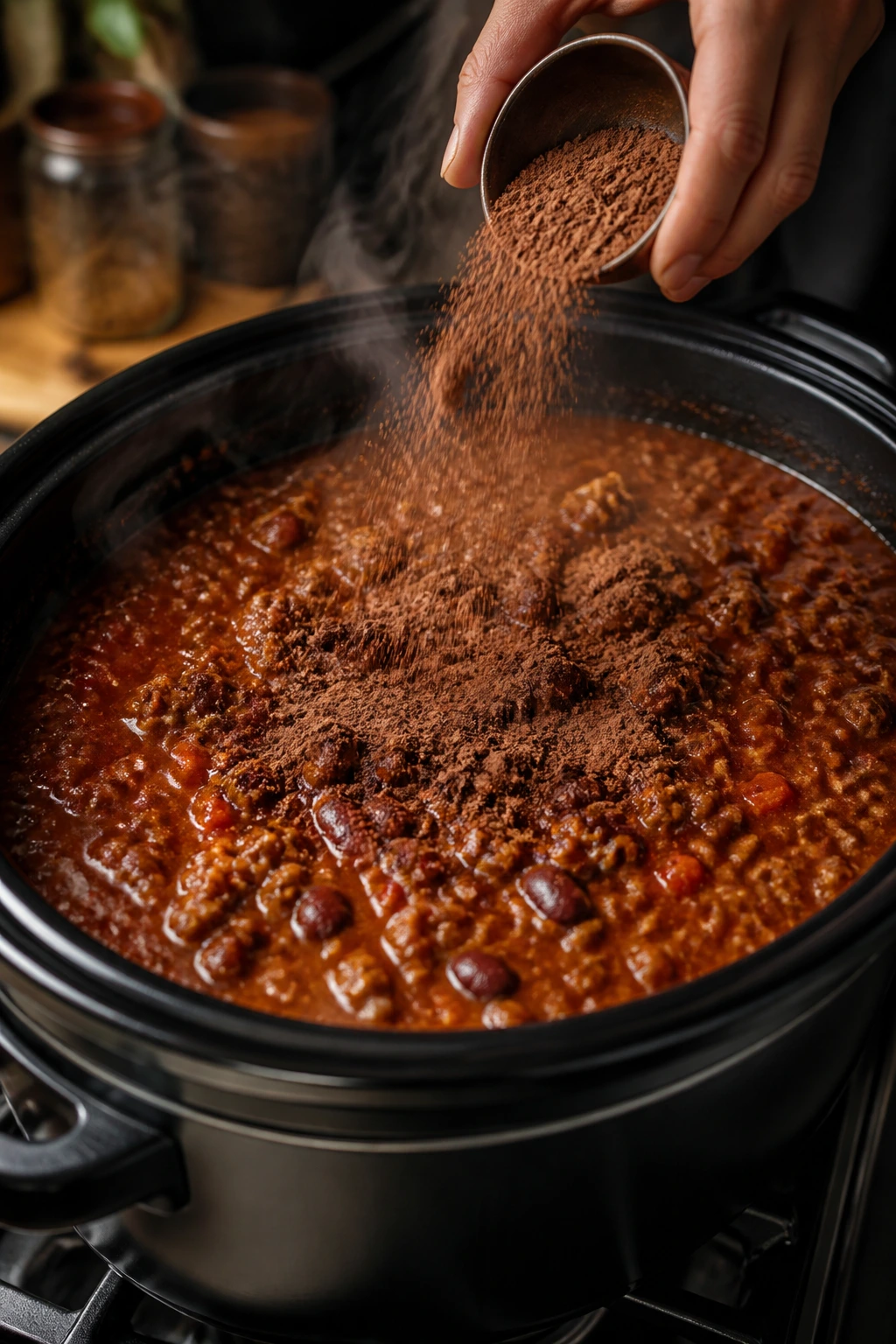 Chili pot with cocoa powder being sprinkled on top, steam rising.