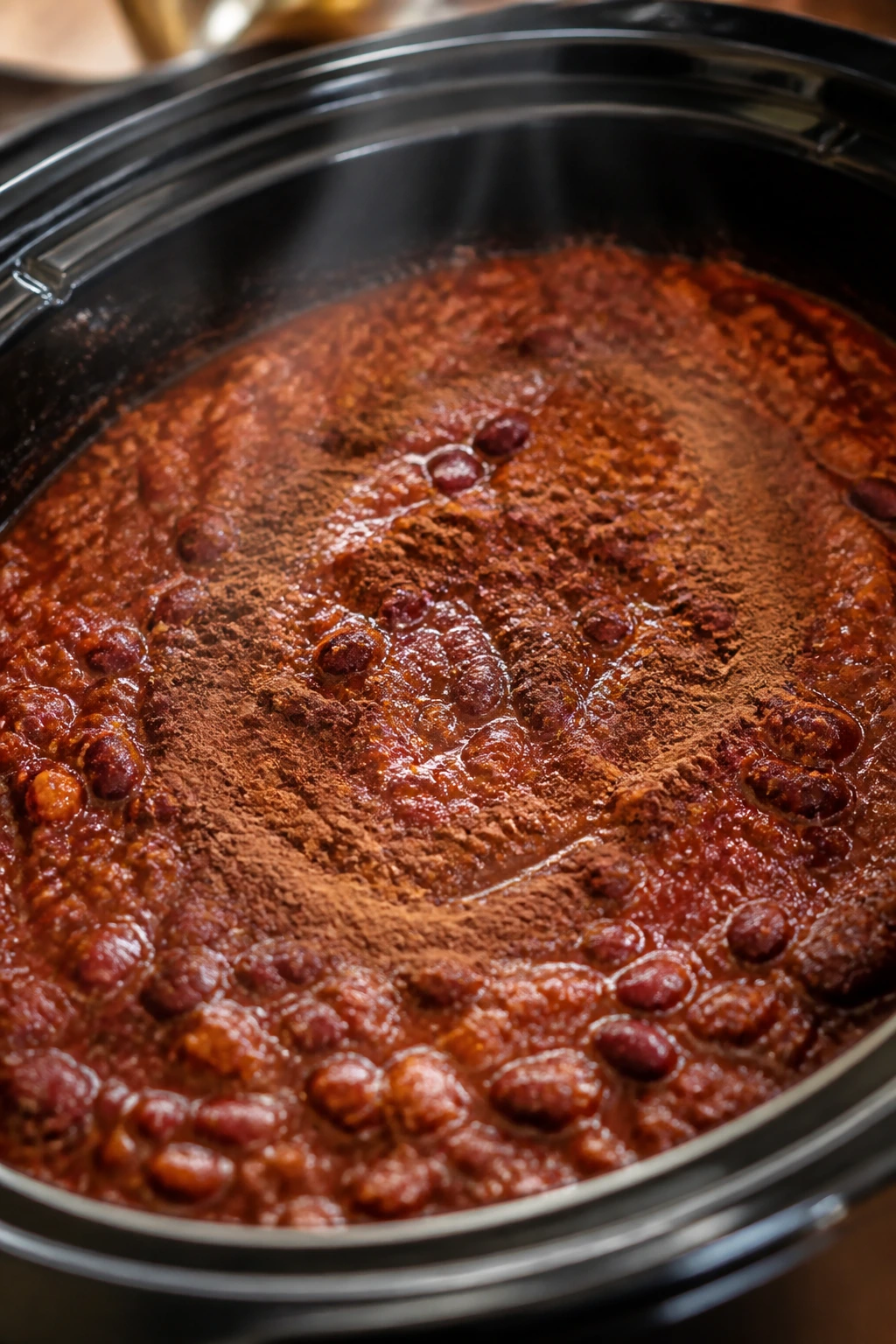 Chili inside slow cooker with a hint of cocoa powder