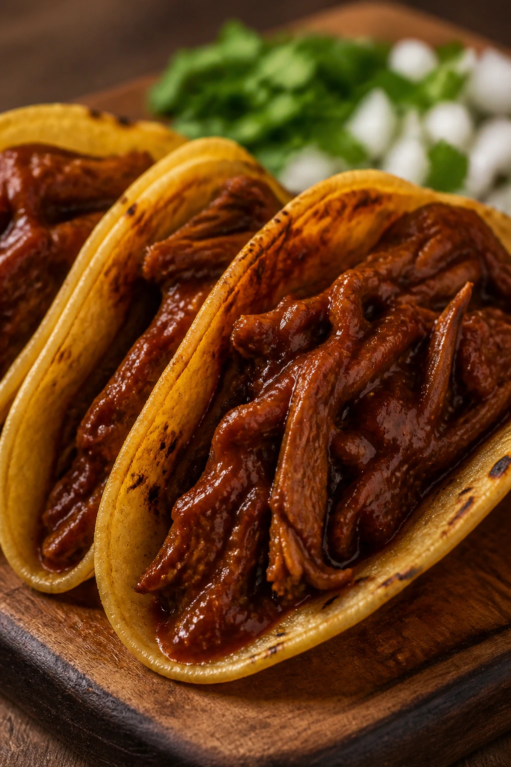 Close-up chili colorado beef taco with red chile sauce on rustic board