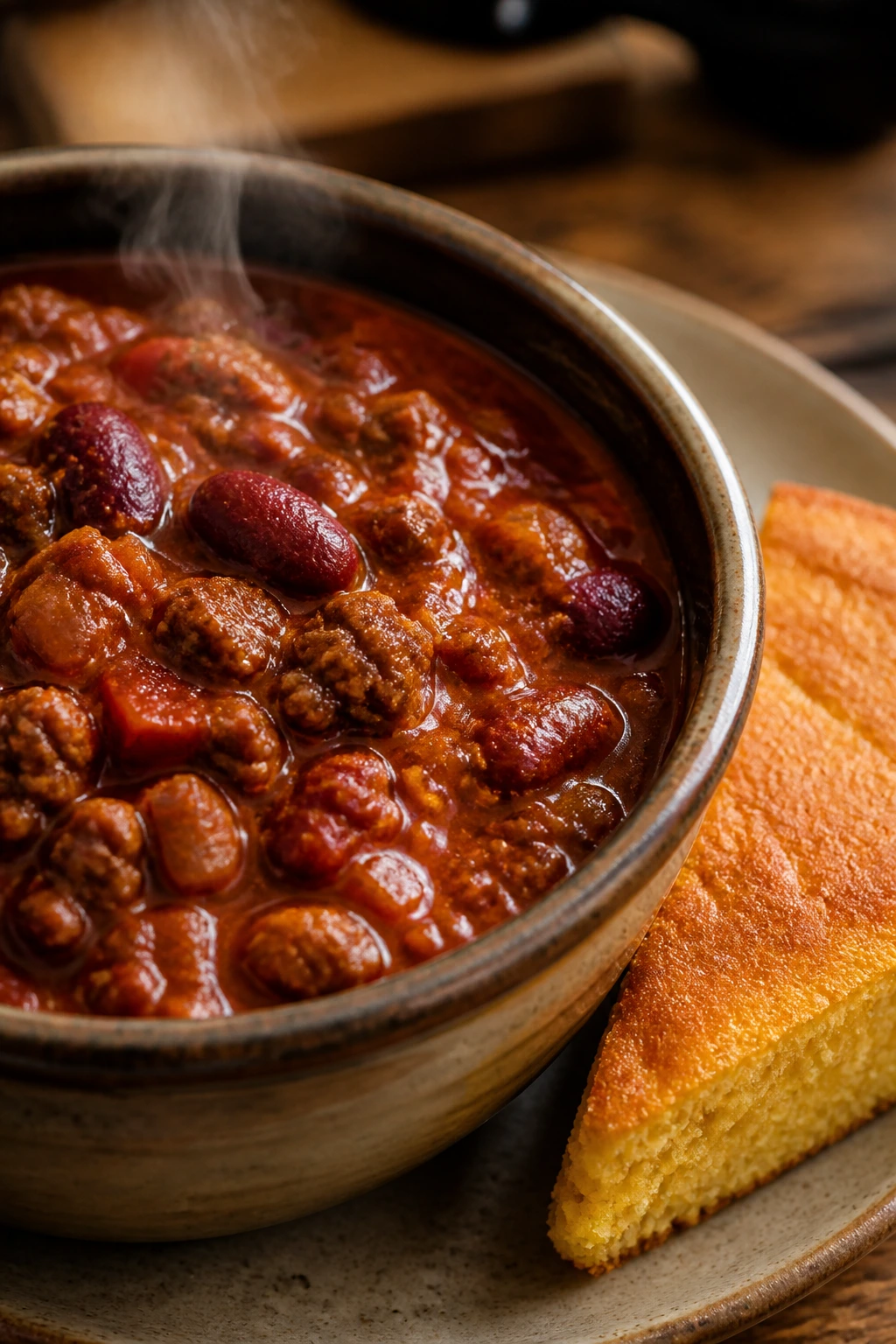 Close-up of slow cooker chili with cornbread on a rustic kitchen table
