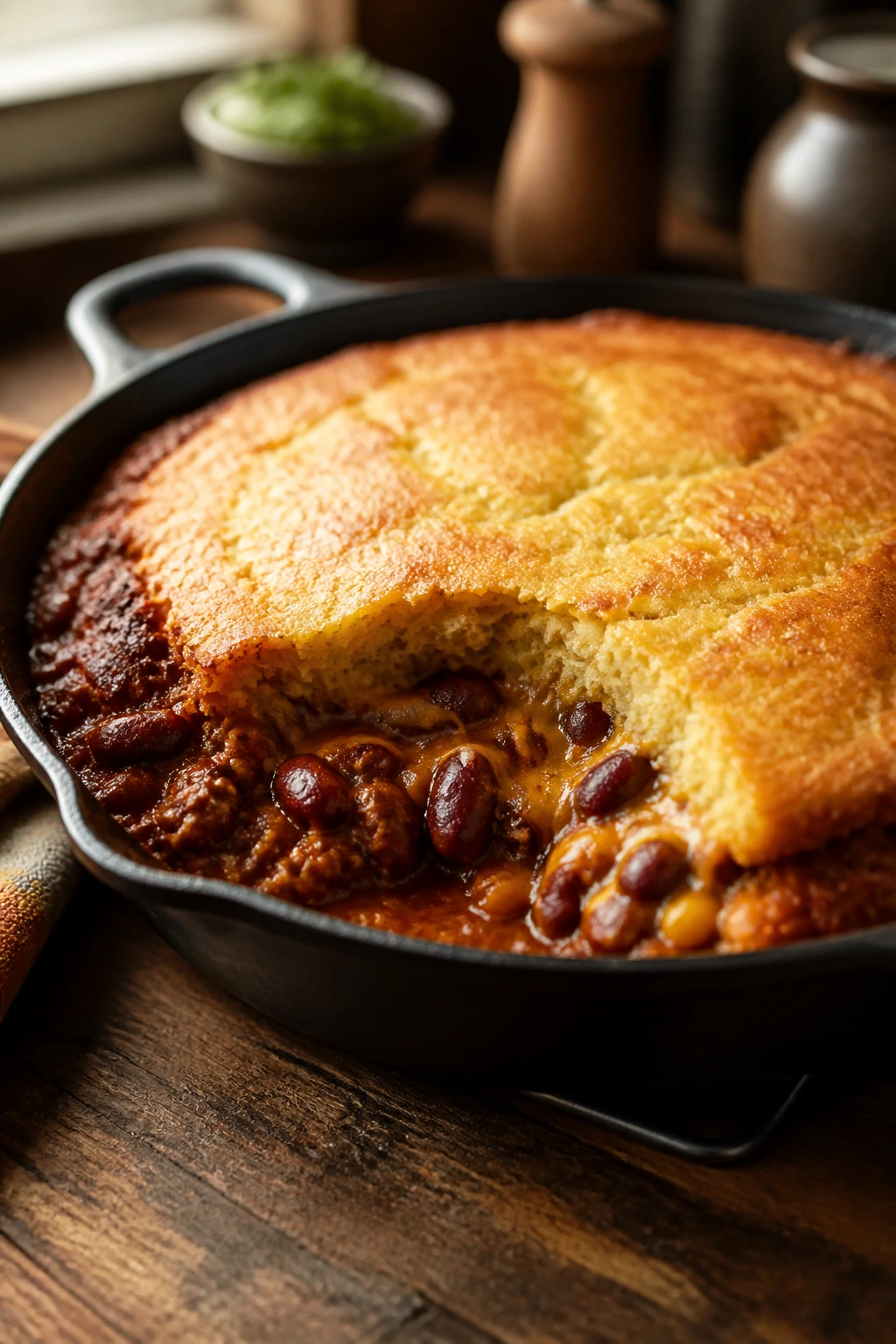 Chili with cornbread topping in cast-iron skillet