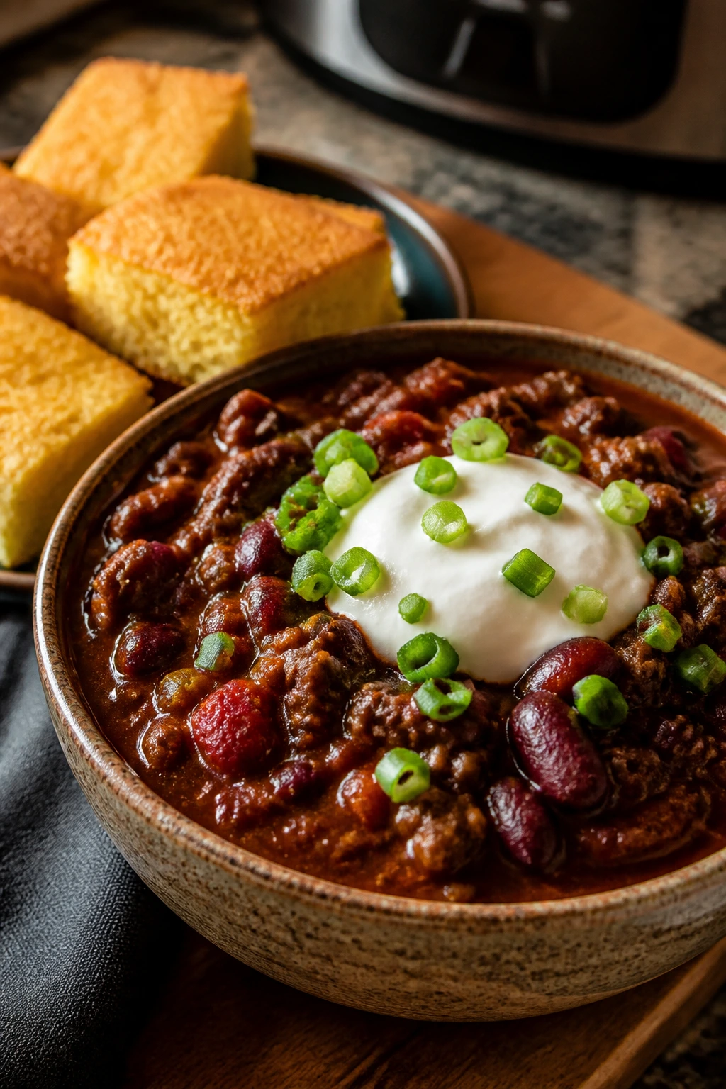 Thick chili with cornbread squares on a rustic bowl
