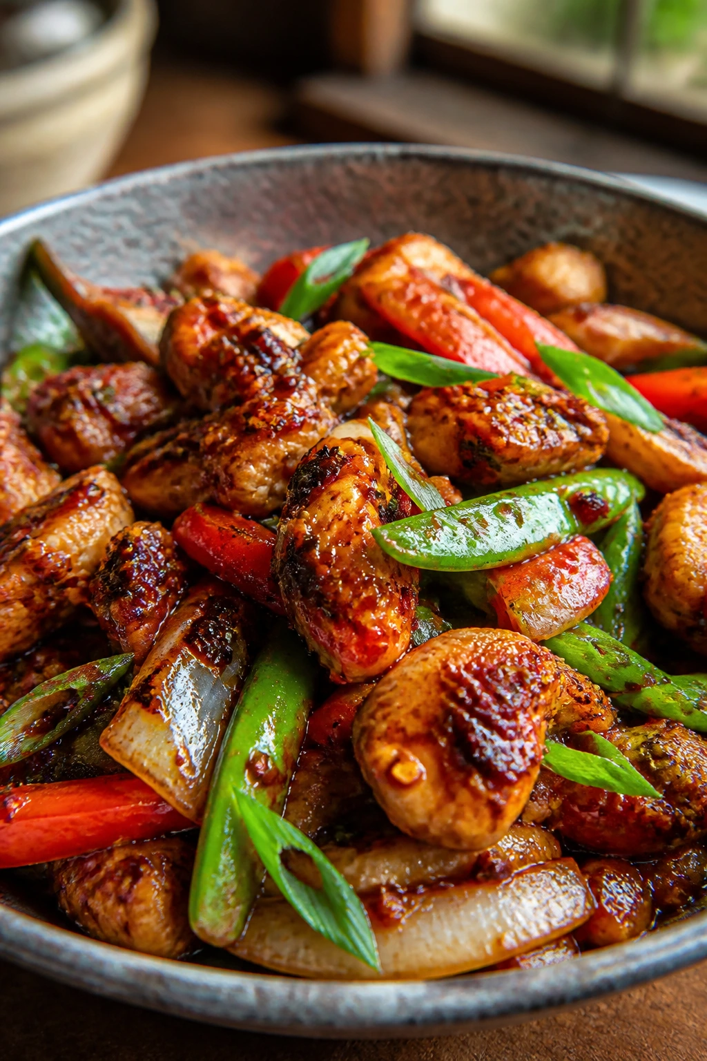 Chili-crisp chicken stir-fry plated with glossy sauce