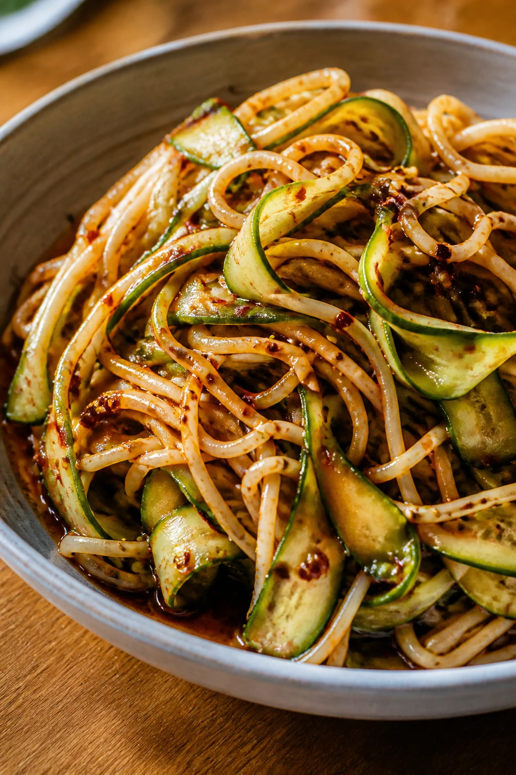 Chilled noodles and cucumber with chili crisp dressing