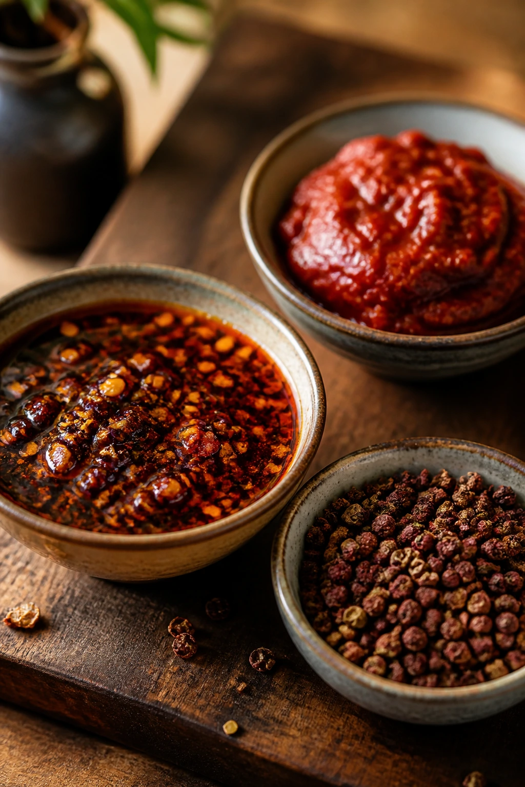 Close-up of three bowls containing chili crisp, doubanjiang, and Sichuan peppercorns on a wooden board