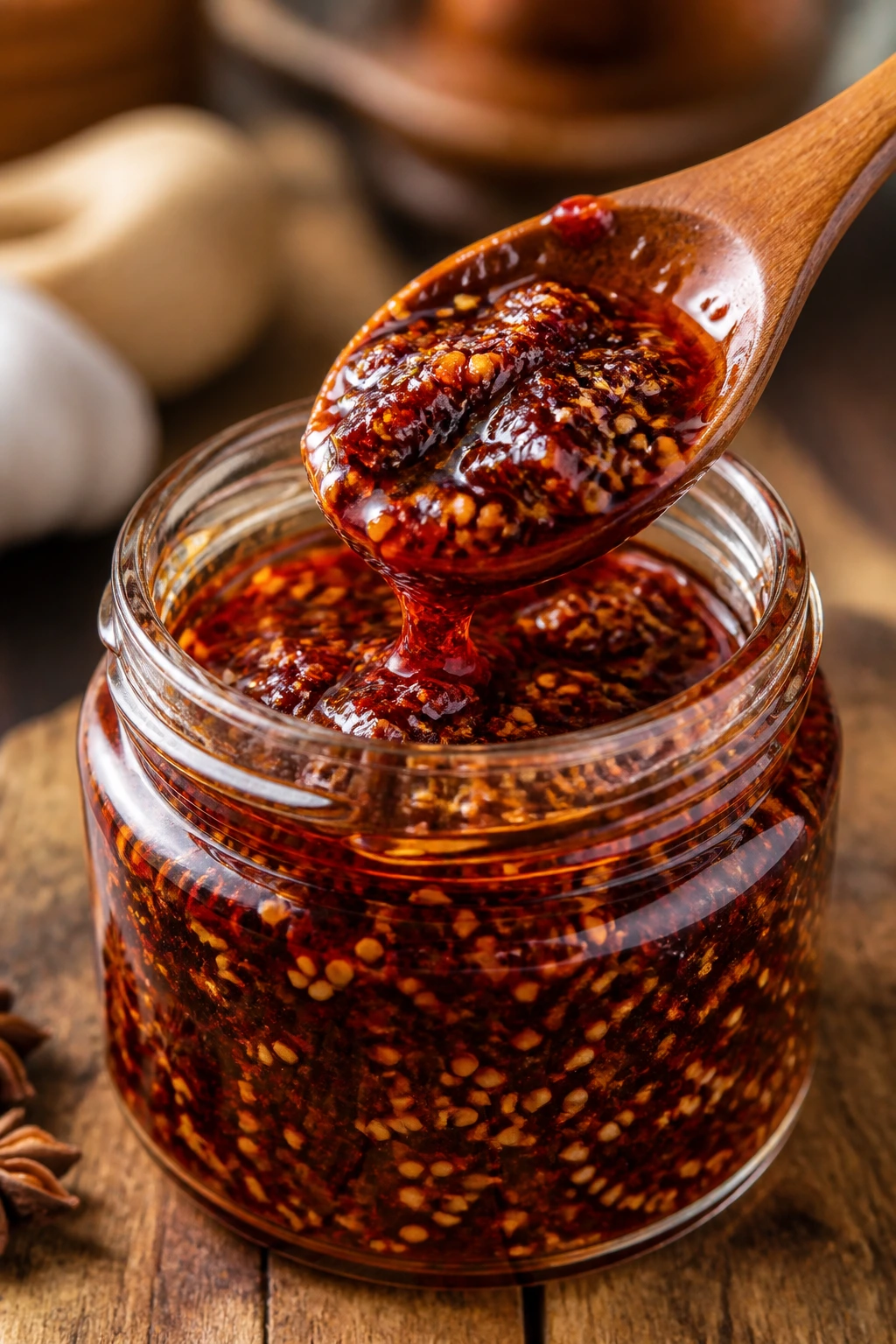 Close-up of chili crisp being spooned onto glossy sauce on a wooden counter