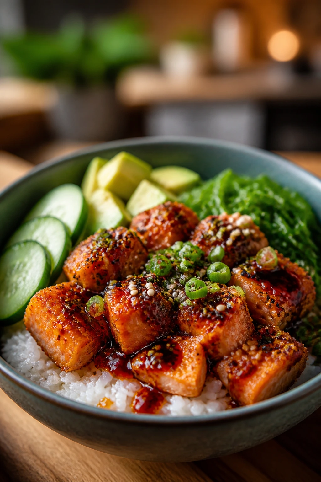 Crispy salmon poke bowl with chili crisp topping enhancing flavor and texture.