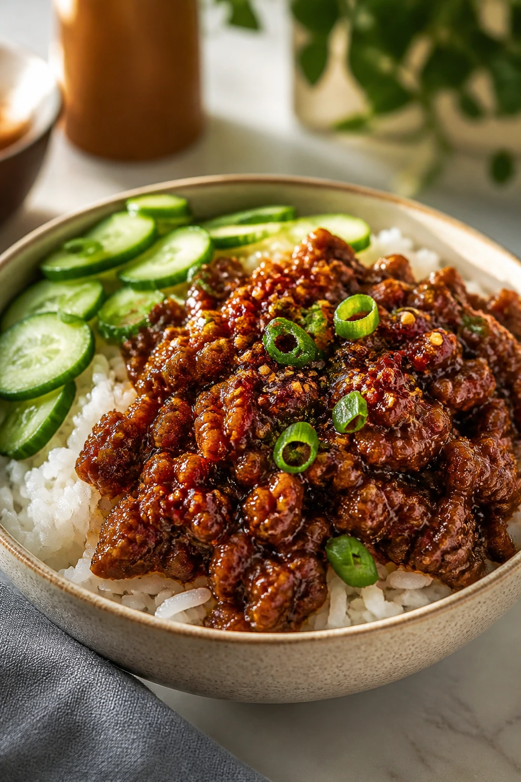 Chili crisp pork bowls with glossy glaze served in a bowl