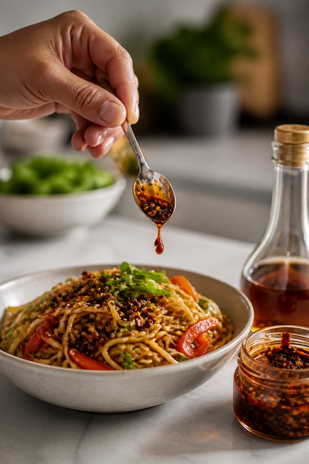 Hand sprinkling chili crisp onto noodles in a kitchen