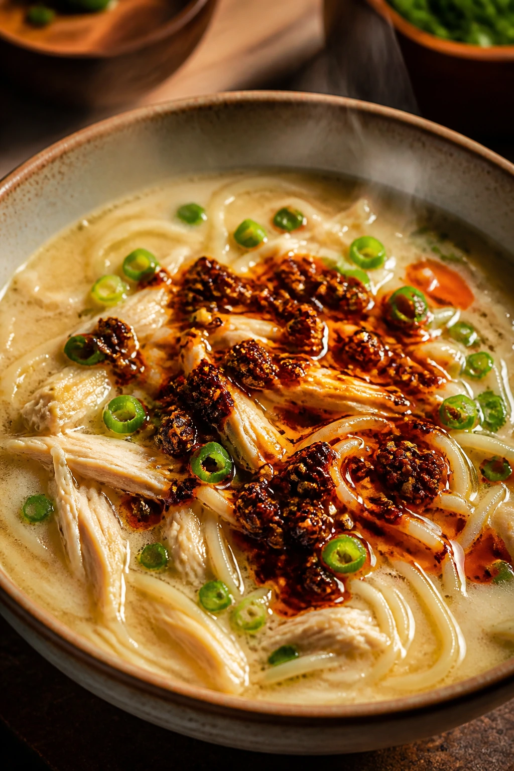 Creamy soup with chili crisp topping highlighting flavor.