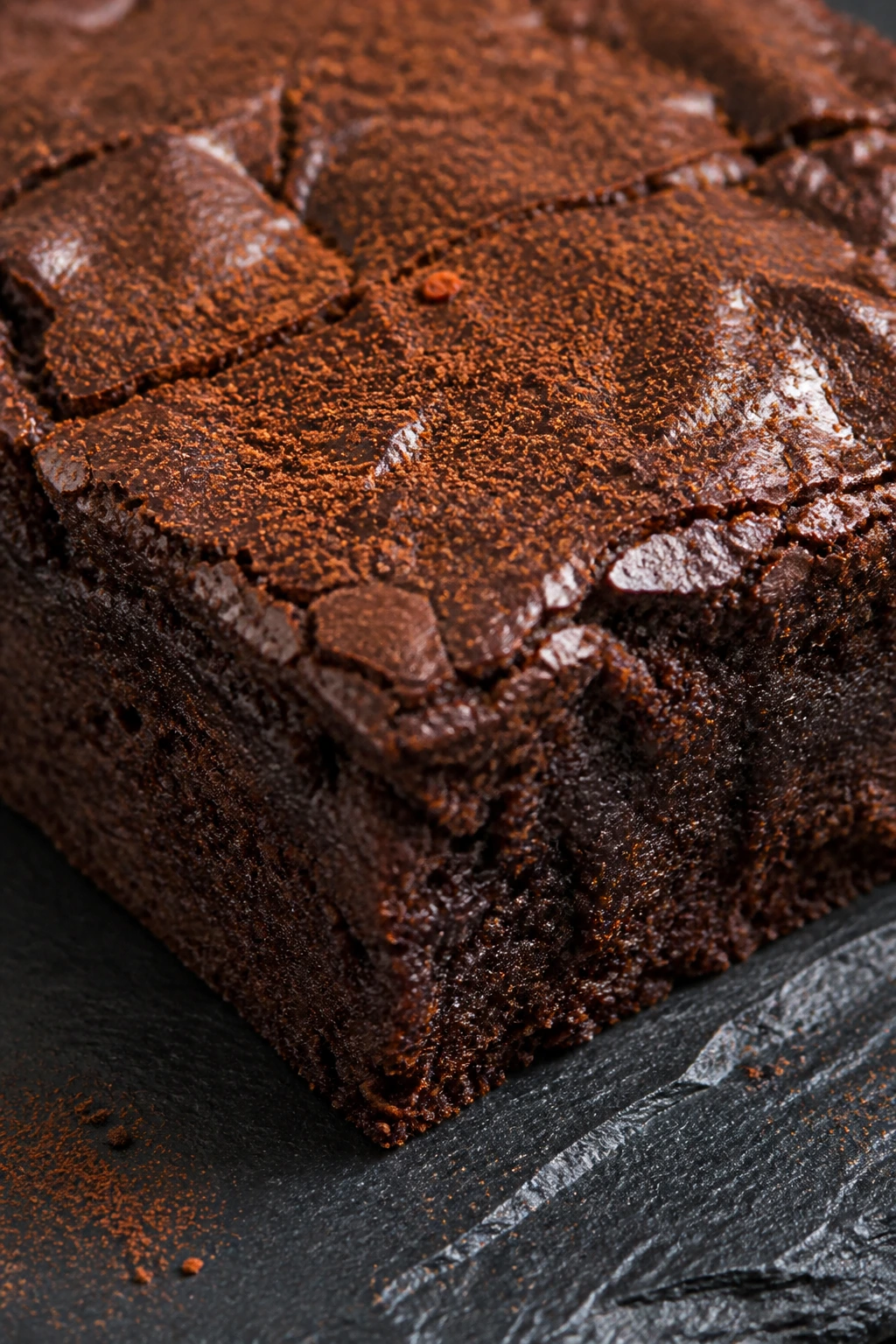 Close-up of chili chocolate brownie with visible spice specks