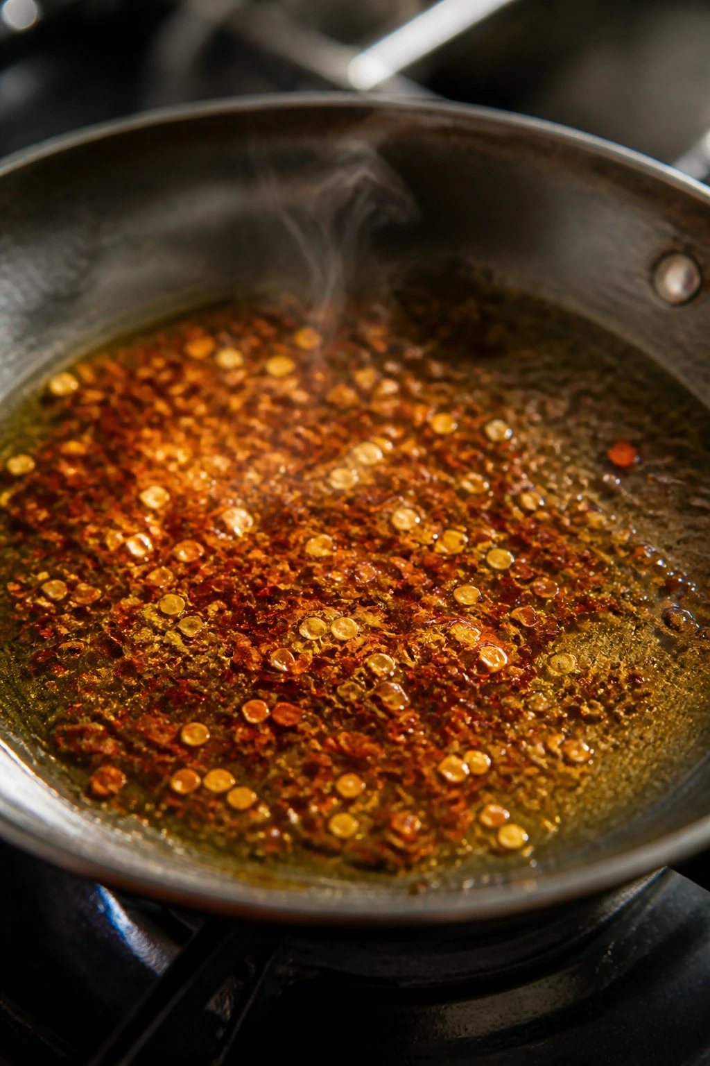 Chili flakes blooming in hot oil in a skillet