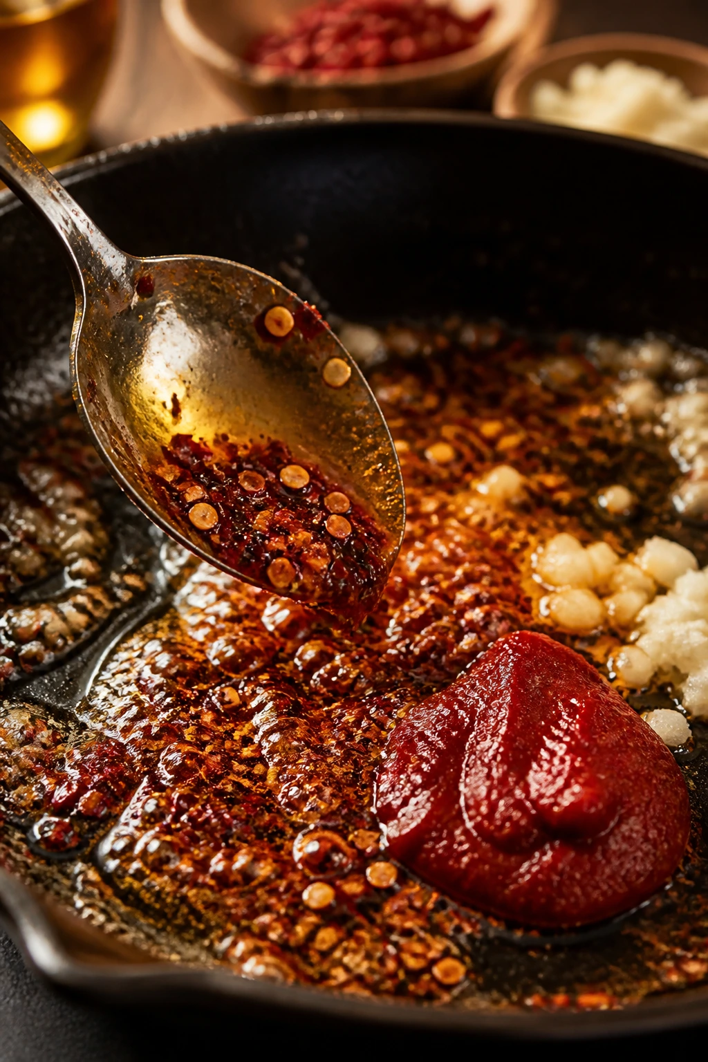 Chili flakes blooming in oil with tomato paste in a pan