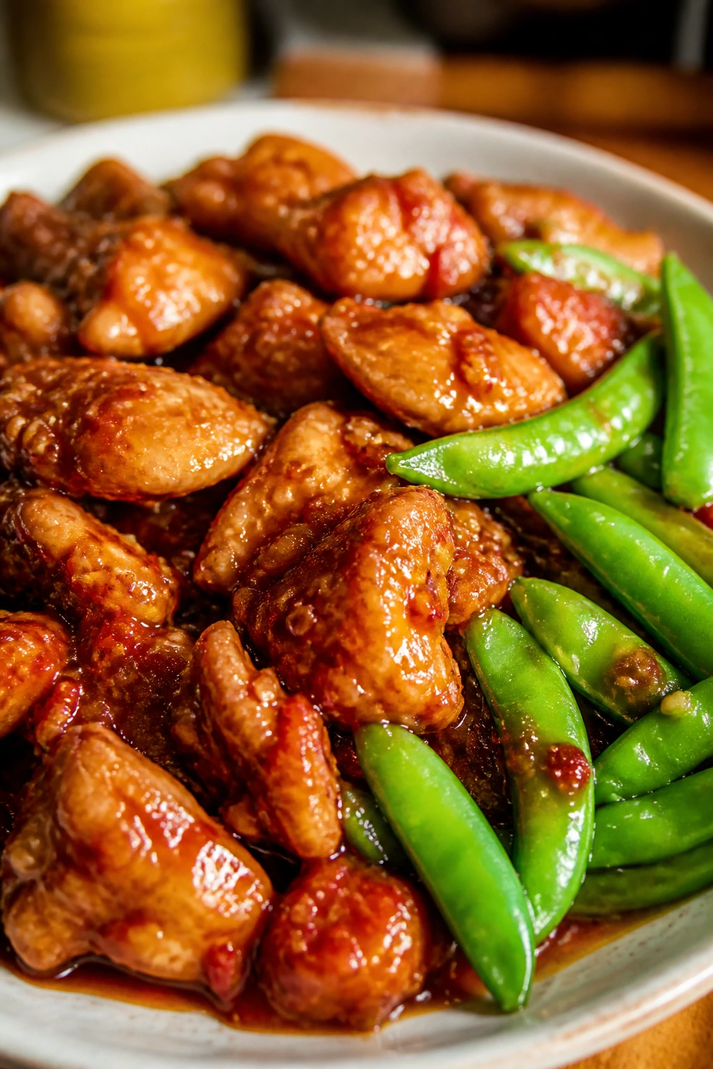 Close-up of Chili Garlic Chicken with snap peas in red sauce